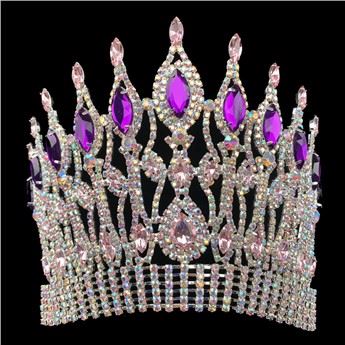 มงกุฎแบบกําหนดเองขนาด 6 นิ้วสีม่วง AB Rhinestone Pageant Crowns Crystal Adjust Band Tiara